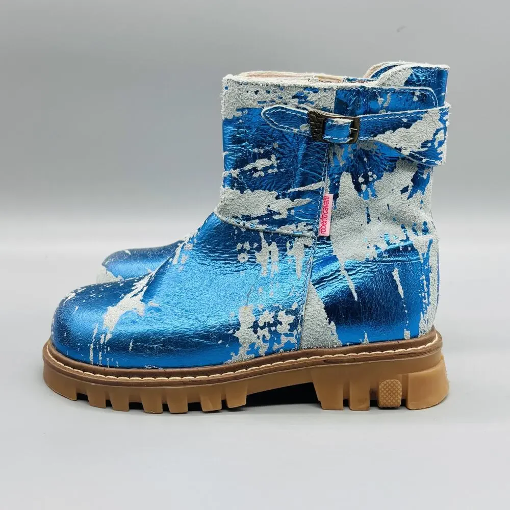 Roberto Cavalli Boots Girls 11 Blue Metallic Angels Combat Zipper Lug Sole Shoes